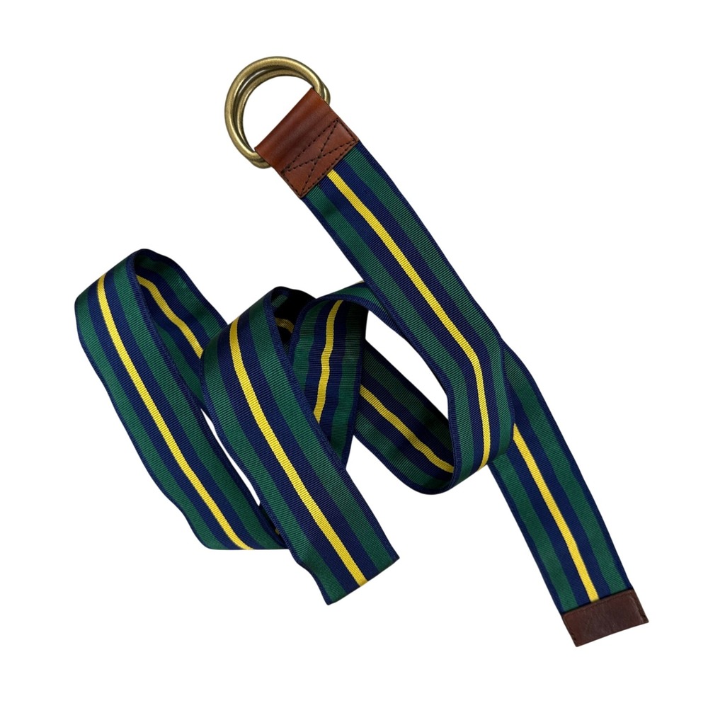J.McLaughlin Belt Womens XL Green Striped D-Ring Ribbon Leather Trim Preppy XL